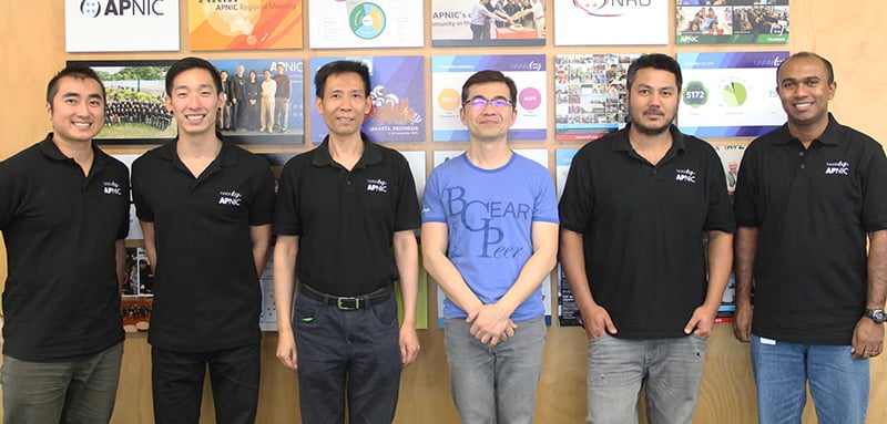 The APNIC Member Services team (from left to right); Tuan Nguyen, George Odagi, Guangliang Pan, George Kuo, Vivek Nigam and Pubudu Jayasinghe